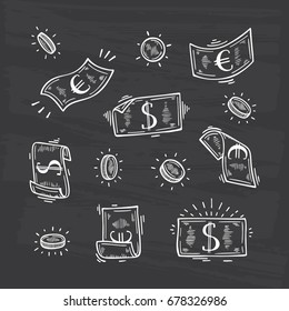 Money Vector Set. Hand Drawn doodle Dollar and Euro Banknotes and Coins