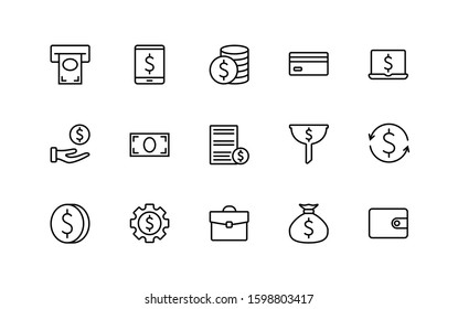 Money vector white background line icons. Collection of money for web design cash bank finance and payment interface business analysis contact social network.Vector symbol set illustration.