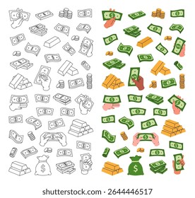 Money in vertical banner. Flying cash, green banknotes, stack of money, dollar bills, gold coins and bars. Money investment and business concept.