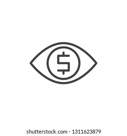 Money viewer line icon. linear style sign for mobile concept and web design. Human eye with dollar outline vector icon. Symbol, logo illustration. Pixel perfect vector graphics