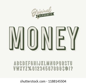 "Money" Vintage 3d Premium Alphabet. Dollar Inspired Inline Retro Typeace. Vector Illustration. 