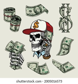 Money vintage colorful concept with one hundred dollar bills and sign skull in baseball cap skeleton hand with ring and bracelet holding dollar banknotes isolated vector illustration