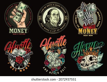 Money vintage colorful logotypes with skeleton and male hands holding dollar bills revolvers roses diamonds Benjamin Franklin portrait cat skull and snake in gold crown isolated vector illustration