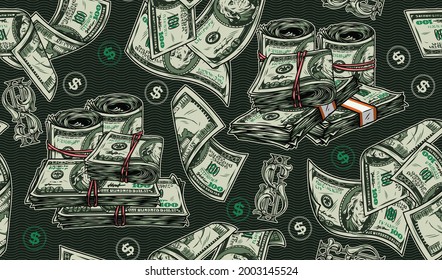 Money vintage colorful seamless pattern with falling dollar banknotes and symbols rolls and stacks of one hundred US dollar bills on wavy background vector illustration