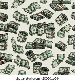 Money vintage colorful seamless pattern with falling one hundred US dollar bills rolls and stacks of dollar banknotes vector illustration