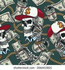Money vintage colorful seamless pattern with skull in baseball cap skeleton hands holding dollar banknotes gold chains falling one hundred US dollar bills vector illustration