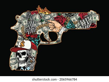 Money vintage concept with skull in cap skeleton hands holding dollar bills gold chains diamonds roses male hand with burning dollar banknote inside gun silhouette isolated vector illustration