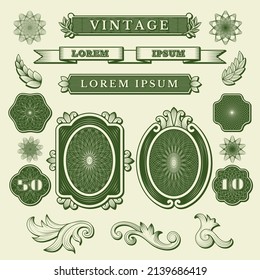 Money vintage ornament. Financial fonts labels flowers and frames for labels 100 or 50 dollars design templates recent vector illustrations set