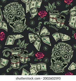 Money vintage seamless pattern with american currency banknotes rose flowers skull of traceries on dollar note and dollar bills in butterfly shape vector illustration