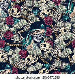 Money vintage seamless pattern with dollar bills roses diamonds cat skulls dice gold chains skeleton hands holding banknotes chicano girl with tattoos in scary dead mask and cap vector illustration