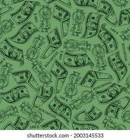 Money vintage seamless pattern with falling dollar bills and american currency elegant symbols in green colors vector illustration