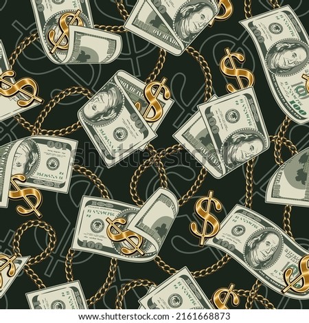 Money vintage seamless pattern with falling, flying dollar bills, gold dollar sign, chains. One hundred US dollar banknotes. Vector illustration. Chaotic composition with.