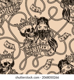 Money vintage seamless pattern with jewelry chain dollar bills skull in royal crown snake girl in scary mask and baseball cap skeleton hand holding cash banknotes and diamond vector illustration