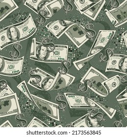 Money vintage seamless pattern with lots dollar bills, dollar sign, grunge paint brush strokes, dots. One hundred US dollar banknotes. Vector illustration. Chaotic messy composition.