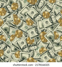 Money vintage seamless pattern with lots of dollar bills, gold coins. One hundred US dollar banknotes. Vector illustration. Chaotic messy composition.