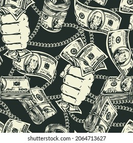 Money vintage seamless pattern in monochrome style with male hand holding dollar banknotes elegant chains stacks and rolls of one hundred US dollar bills vector illustration