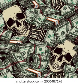Money vintage seamless pattern with one hundred US dollar bills skulls skeleton hands holding american cash banknotes vector illustration