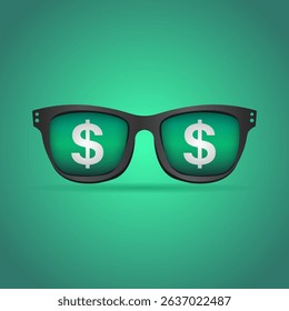 Money Vision – Flat Vector of Glasses with Dollar Signs in Lenses on Green Background