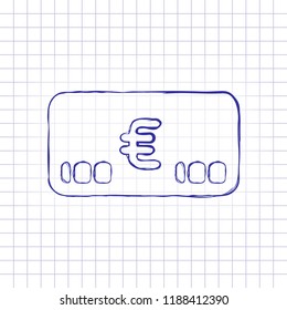 Money voutcher. EURO Card icon. Hand drawn picture on paper sheet. Blue ink, outline sketch style. Doodle on checkered background