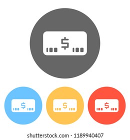 Money voutcher. USD Card icon. Set of white icons on colored circles