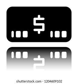 Money voutcher. USD Card icon. Black icon with mirror reflection on white background