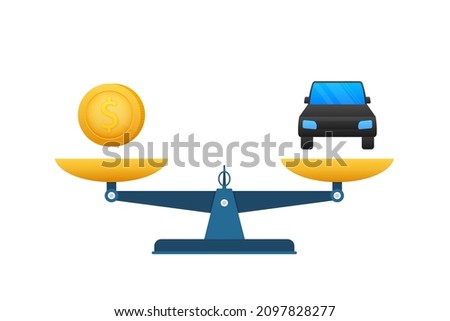 Money vs car vector illustration. Flat icon on white backdrop. Flat vector cartoon money illustration.