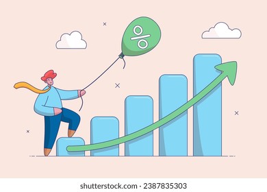 Money or wages growing concept. Revenue or salary increase, growth investment profit or earning from stock market. Businessman with balloon on dollar money sign with growth graph and chart.
