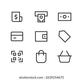 Money Wallet, ATM, Bundle, Payment Finance, Dollar Credit Card , Register, Safe Payment, Cash, Sync, Chip icons set, editable stroke isolated on white, linear vector outline illustration
