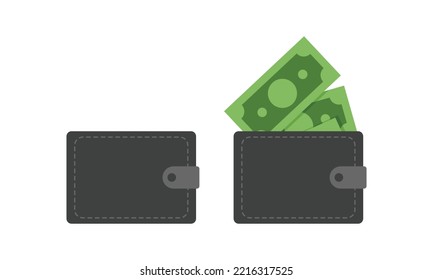 Money wallet clipart vector design illustration. Simple black wallet with green money dollar inside flat icon cartoon style. Money, banknote, finance, budget, cash, and payment concept