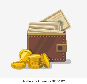 Money Wallet with coin. Vector Flat Design