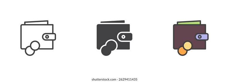 Money wallet with coins different style icon set. Line, glyph and filled outline colorful version, outline and filled vector sign. Symbol, logo illustration. Vector graphics