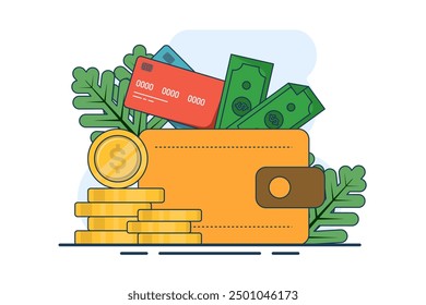 Concepto de billetera de dinero. Monedas, billetera, tarjeta de pago, ícono de dinero. transferir dinero a la billetera, usar billetera, ideal para páginas de destino, interfaz de usuario, Web, tarjetas de introducción de App, editoriales, volantes y Anuncios.