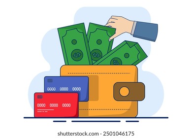 Concepto de billetera de dinero. Monedas, billetera, tarjeta de pago, ícono de dinero. transferir dinero a la billetera, usar billetera, ideal para páginas de destino, interfaz de usuario, Web, tarjetas de introducción de App, editoriales, volantes y Anuncios.