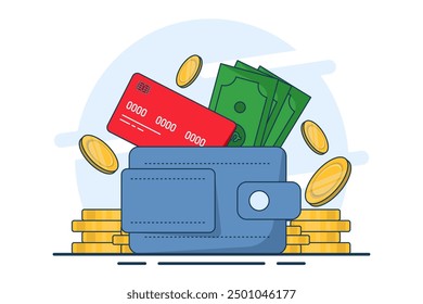 Concepto de billetera de dinero. Monedas, billetera, tarjeta de pago, ícono de dinero. transferir dinero a la billetera, usar billetera, ideal para páginas de destino, interfaz de usuario, Web, tarjetas de introducción de App, editoriales, volantes y Anuncios.