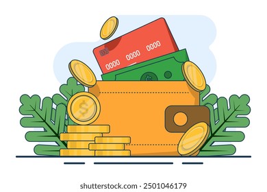 Concepto de billetera de dinero. Monedas, billetera, tarjeta de pago, ícono de dinero. transferir dinero a la billetera, usar billetera, ideal para páginas de destino, interfaz de usuario, Web, tarjetas de introducción de App, editoriales, volantes y Anuncios.