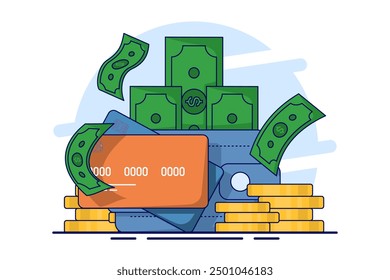 Concepto de billetera de dinero. Monedas, billetera, tarjeta de pago, ícono de dinero. transferir dinero a la billetera, usar billetera, ideal para páginas de destino, interfaz de usuario, Web, tarjetas de introducción de App, editoriales, volantes y Anuncios.