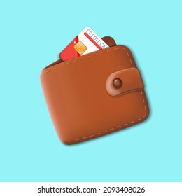 Money wallet with credit cacd. Realistic 3d design in cartoon style. Business financial investment. Creative concept. Trade cash back. Save savings. Vector illustration