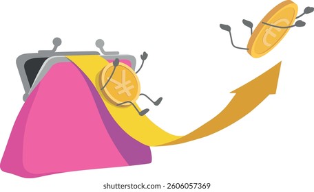 Money in wallet, currency exchange, euro, yen, yuan vector icons. Gold coins, saving money, investment, deposit
