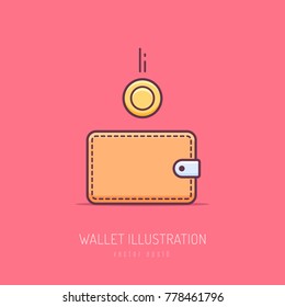 Money wallet with dropping golden coin vector icon illustration in monoline style