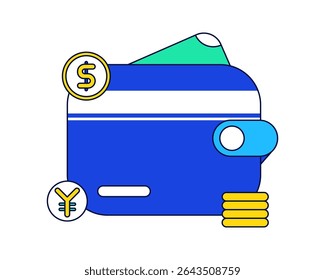 Money Wallet Flat design style, digital wallet with currency symbols and coins, perfect for e-wallet, savings, and personal finance UI.