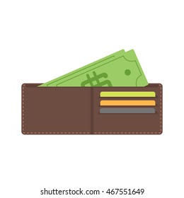 Money in wallet flat vector design for business and finance purse vector. Business  open wallet finance money currency. Opened wallet flat style icon. With plastic cards financial dollar and cash.