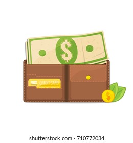 Money in wallet flat vector design. Opened wallet with plastic card and cash.Vector illustration.