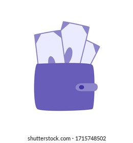 Money in wallet flat vector icon. Hand drawn in trendy doodle style -bills. Colorful illustration Isolated on white background.
