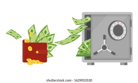 Money from wallet flies to bank safe.  Metal deposit safe. Investments. Pension savings, real estate insurance. Pawn at pawnshop. Flat vector cartoon illustration on white background.