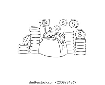 Money in wallet and gold coins stacks. Concept of payment, loan, shopping, salary, savings or budget, purse and money, vector hand drawn illustration