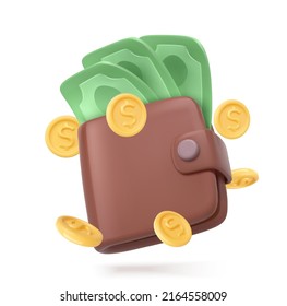 Money wallet with green paper dollars and gold coins. Realistic 3d design in cartoon style. Vector illustration