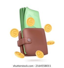 Money wallet with green paper dollars and gold coins. Realistic 3d design in cartoon style. Vector illustration