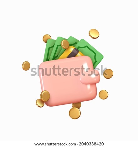 Money wallet with green paper dollars and gold coins. Realistic 3d design in cartoon style. Business financial investment. Creative concept. Trade cash back. Save savings. Vector illustration