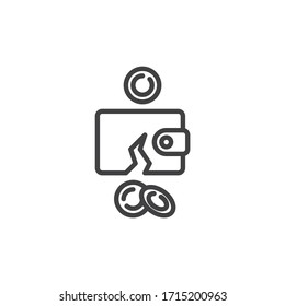 Money wallet with hole line icon. Broken purse linear style sign for mobile concept and web design. Money losses outline vector icon. Financial crisis symbol, logo illustration. Vector graphics