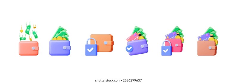 Money wallet icon set in 3d vector illustration. Financial assets and security concept. Digital render for online payment.